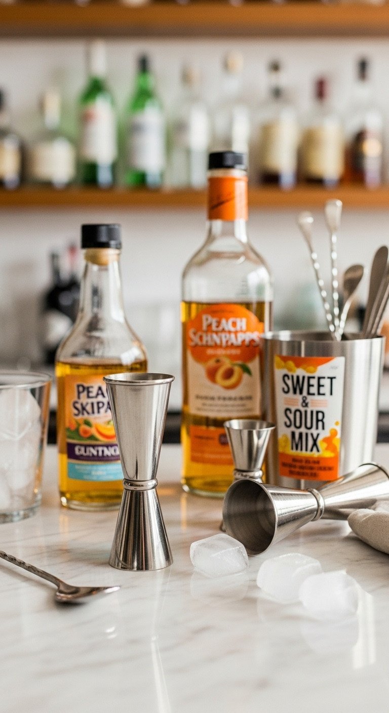 Golden Irish Whiskey in stainless steel double jigger, Peach Schnapps, Sweet & Sour bottles on marble bar. Precise cocktail measurements.