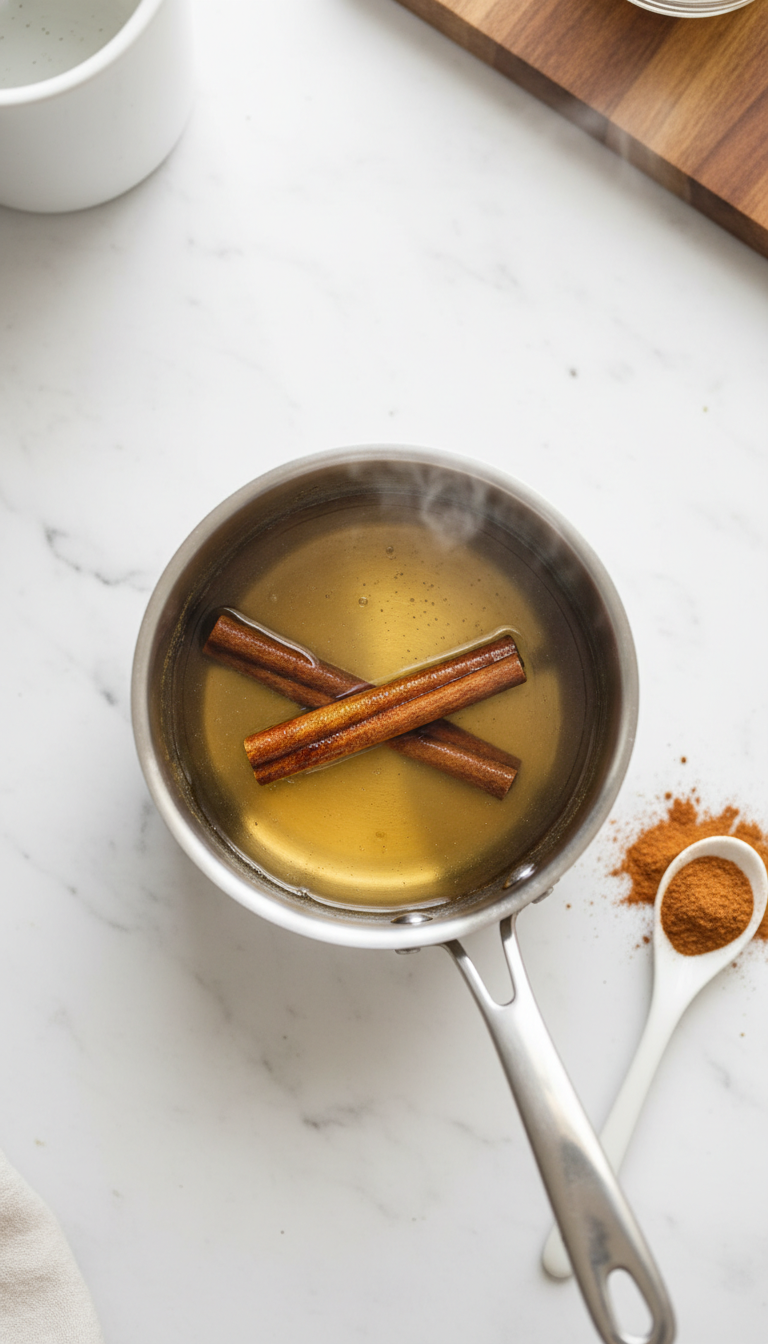 Delicious Homemade Maple Coffee Syrup 5 Best Flavors 3 Golden Spicy Maple Cinnamon Simple Syrup with cinnamon sticks simmering in a pan on marble counter, bright kitchen flat lay.