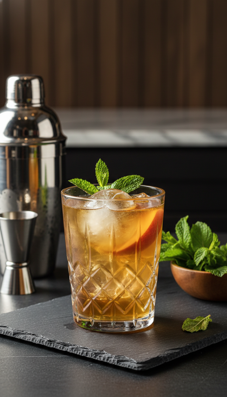 Easy Homemade Peach Coffee Syrup for Perfect Lattes 11 Golden-amber Peach Bourbon Smash cocktail in a stylish glass with mint and large ice sphere on a dark stone surface.