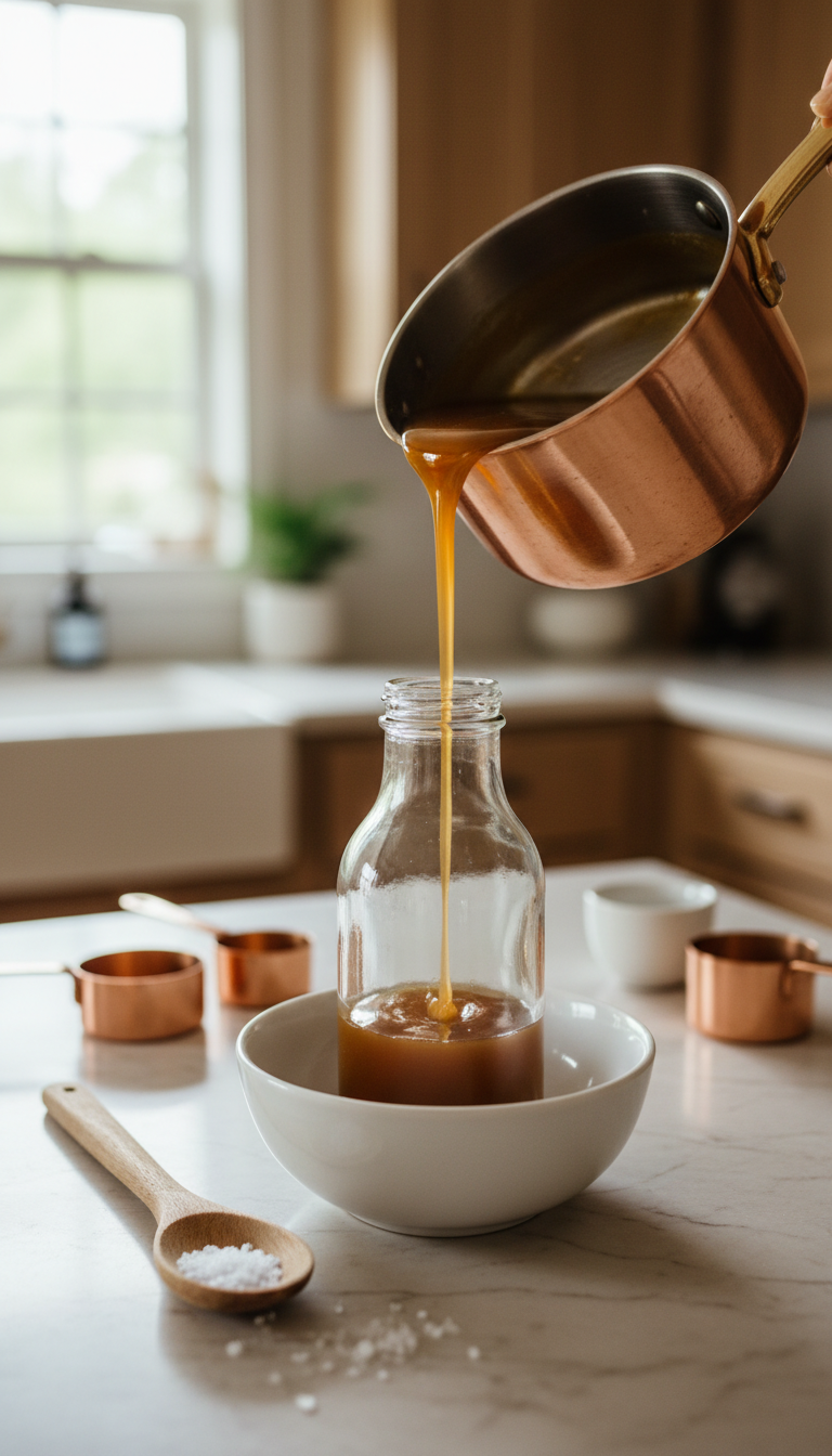 Homemade Caramel Coffee Syrup: Master This Easy Recipe 1 Golden-amber homemade caramel coffee syrup pouring from a copper saucepan into a glass bottle. Glossy, thick texture for coffee.