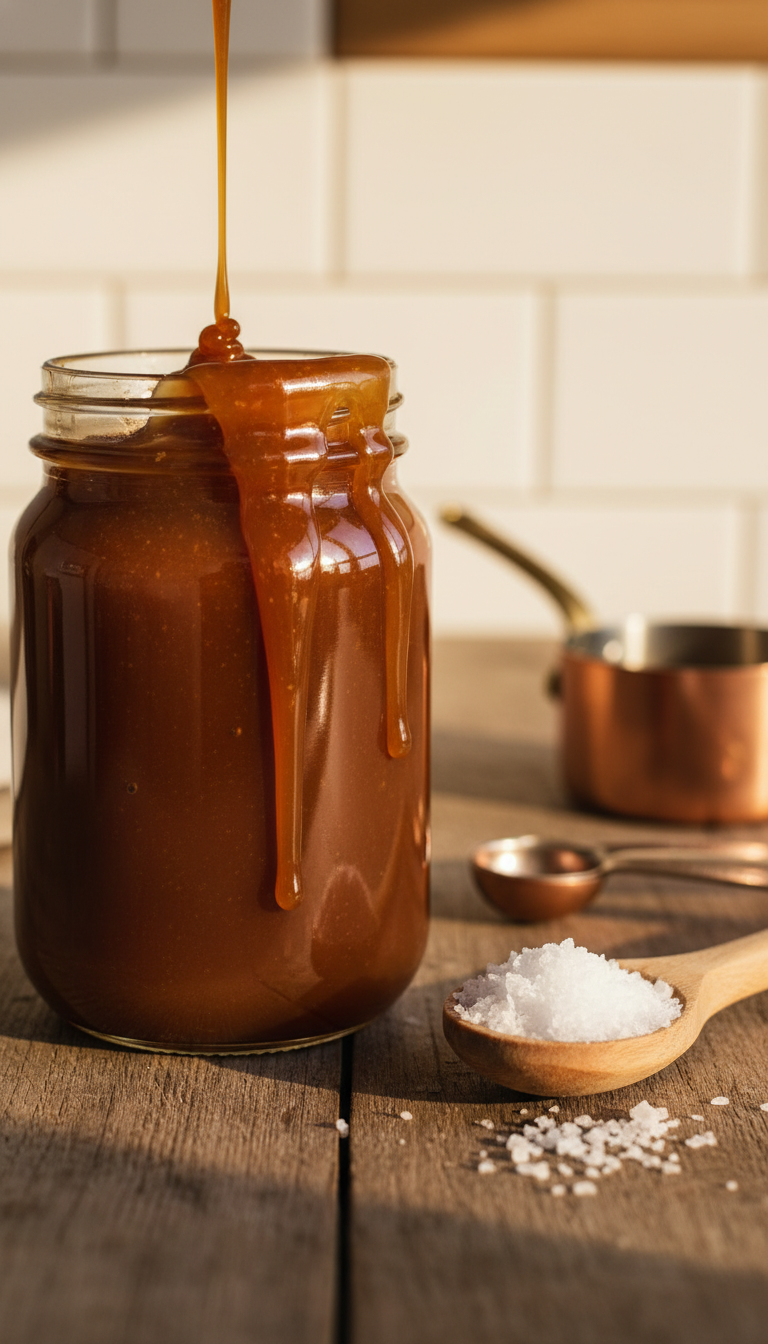 Golden amber salted caramel sauce drizzling down a glass bottle with flaky sea salt nearby. Rustic wooden table, kitchen setting.
