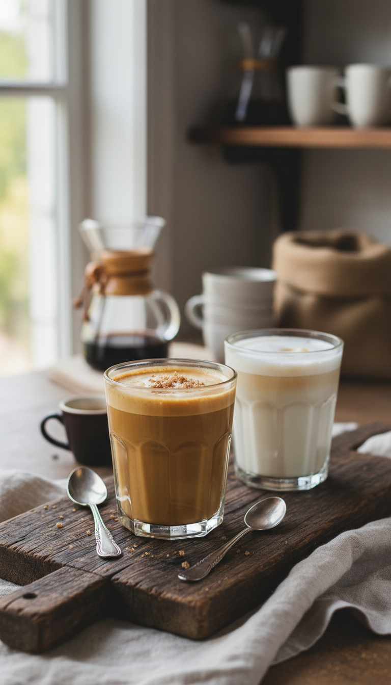 Homemade Banana Coffee Syrup: Proven Recipe for Rich Flavor 11 Golden banana syrup latte & creamy vanilla latte in clear glasses, side-by-side on a rustic wooden board.