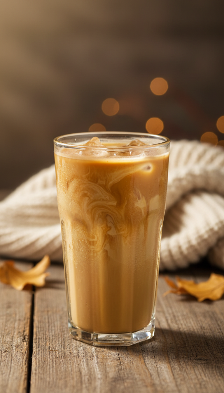 Golden-brown Butter Pecan Iced Coffee with creamy swirl, rustic wood table, knitted sweater, evoking a cozy autumn scene.