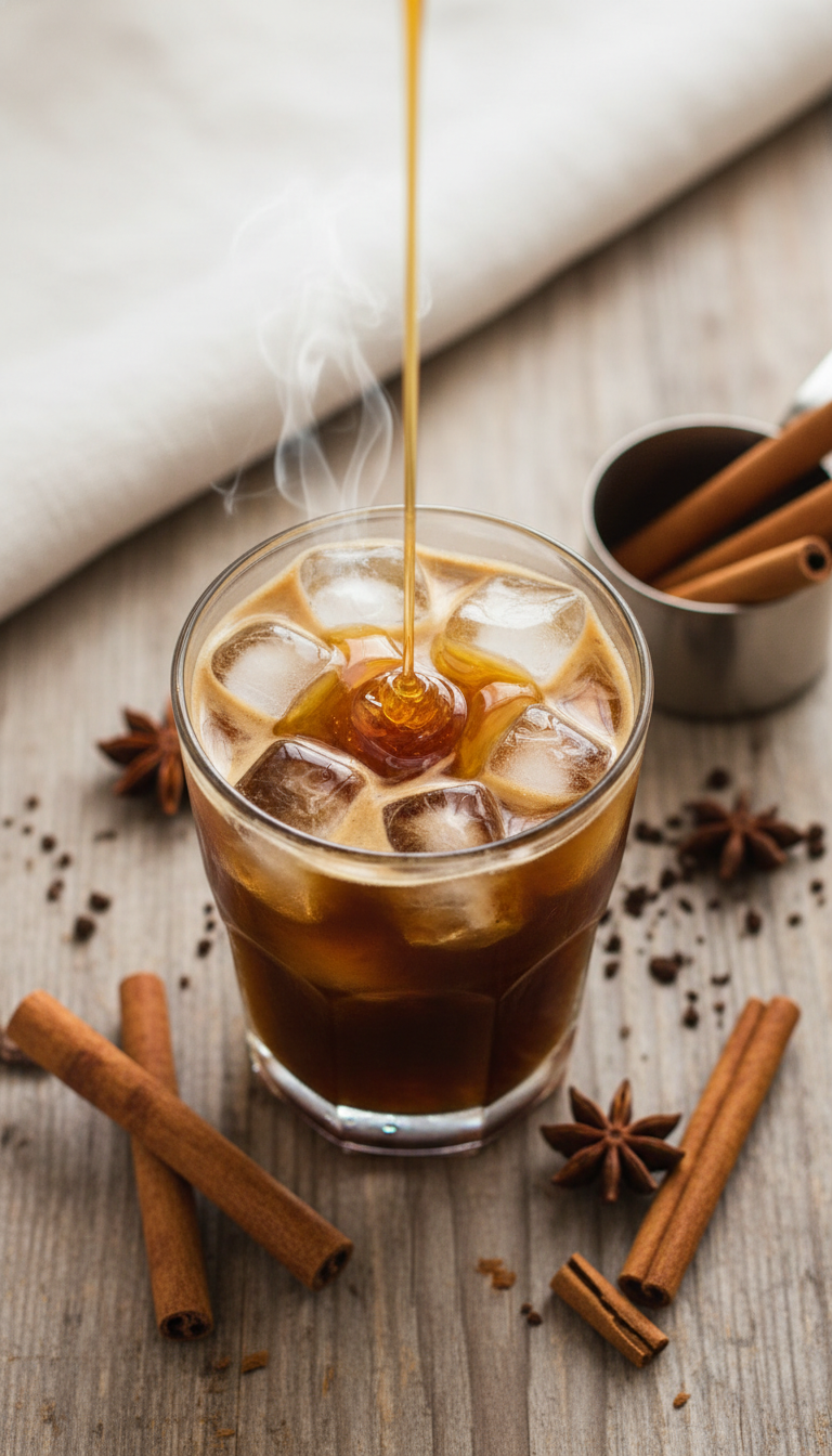 Homemade Coffee Syrup Flavors: 11 Easy Recipes to Master 5 Golden-brown brown sugar cinnamon syrup drizzles over iced cold brew coffee, with cinnamon sticks on a rustic wood table.