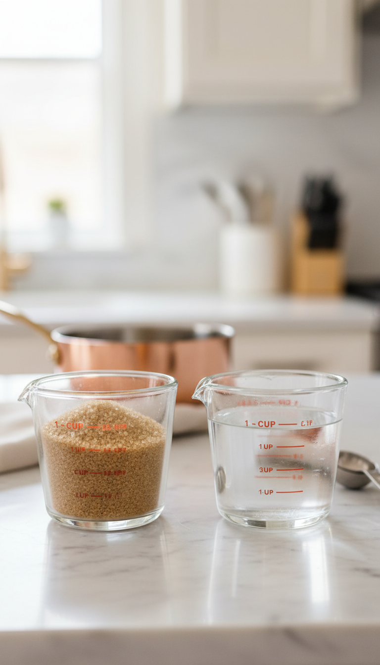 Homemade Coconut Sugar Coffee Syrup: 7 Easy Tips 1 Golden-brown coconut sugar and clear water in elegant glass measuring cups on marble counter for 1:1 syrup ratio. Prep ingredients.
