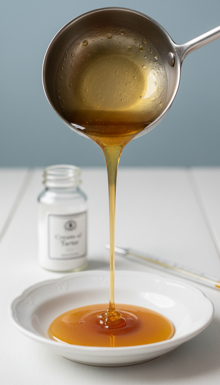 Homemade Coconut Sugar Coffee Syrup: 7 Easy Tips 5 Golden-brown coconut sugar syrup poured from a metal ladle onto white porcelain, showcasing thick, clear texture. Advanced technique.