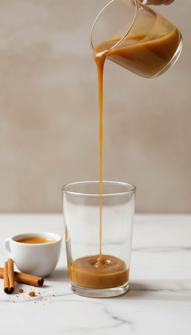 Homemade Cookie Butter Syrup: Easy Cafe-Style Recipe 5 Golden-brown cookie butter syrup drizzling from glass pitcher into clear glass. Bright daylight on white marble, highlighting texture.