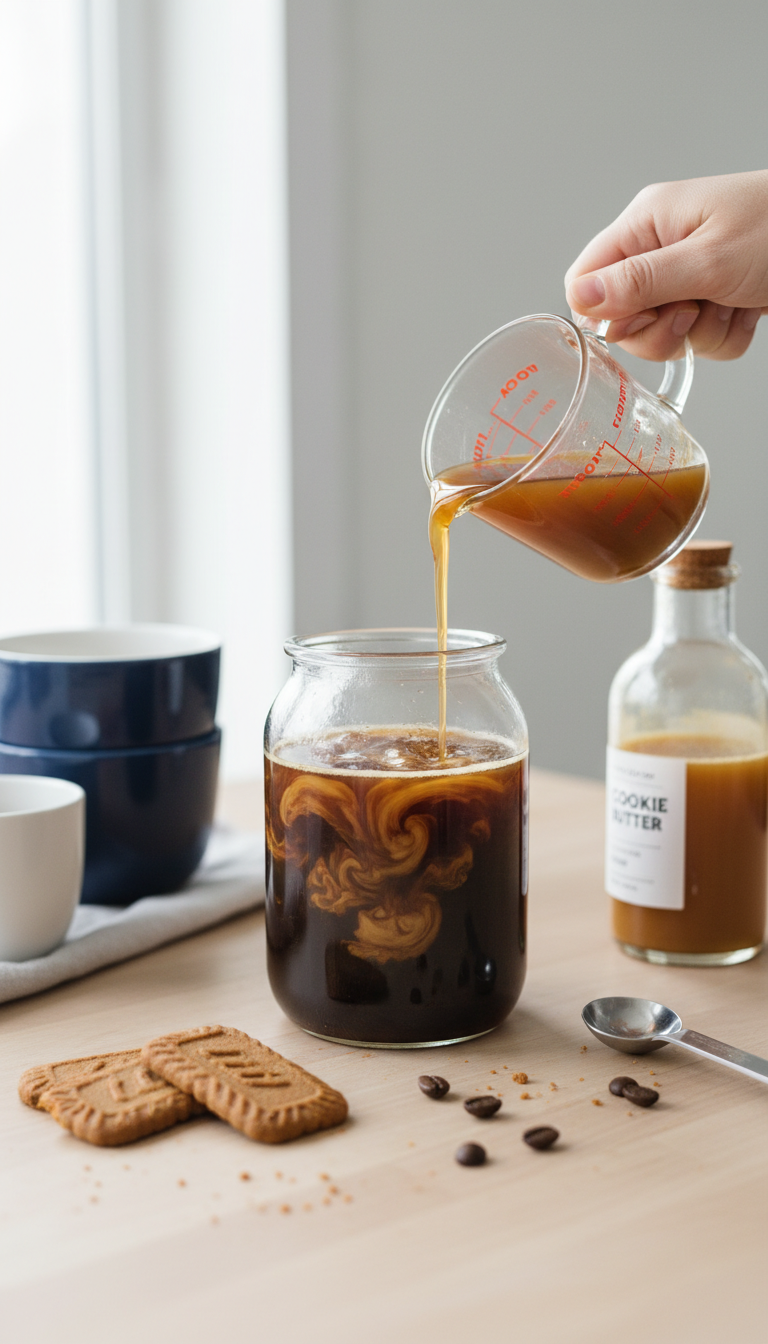 Homemade Cookie Butter Syrup: Easy Cafe-Style Recipe 11 Golden-brown cookie butter syrup pouring into cold brew coffee, creating an amber swirl. Bright daylight on wood counter.