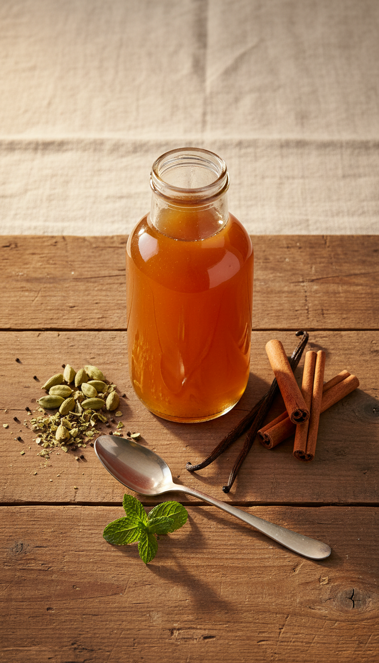 Homemade Date Coffee Syrup: Easy Natural Sweetener 7 Golden-brown date syrup bottle next to crushed cardamom, vanilla bean, and cinnamon sticks for natural flavoring.