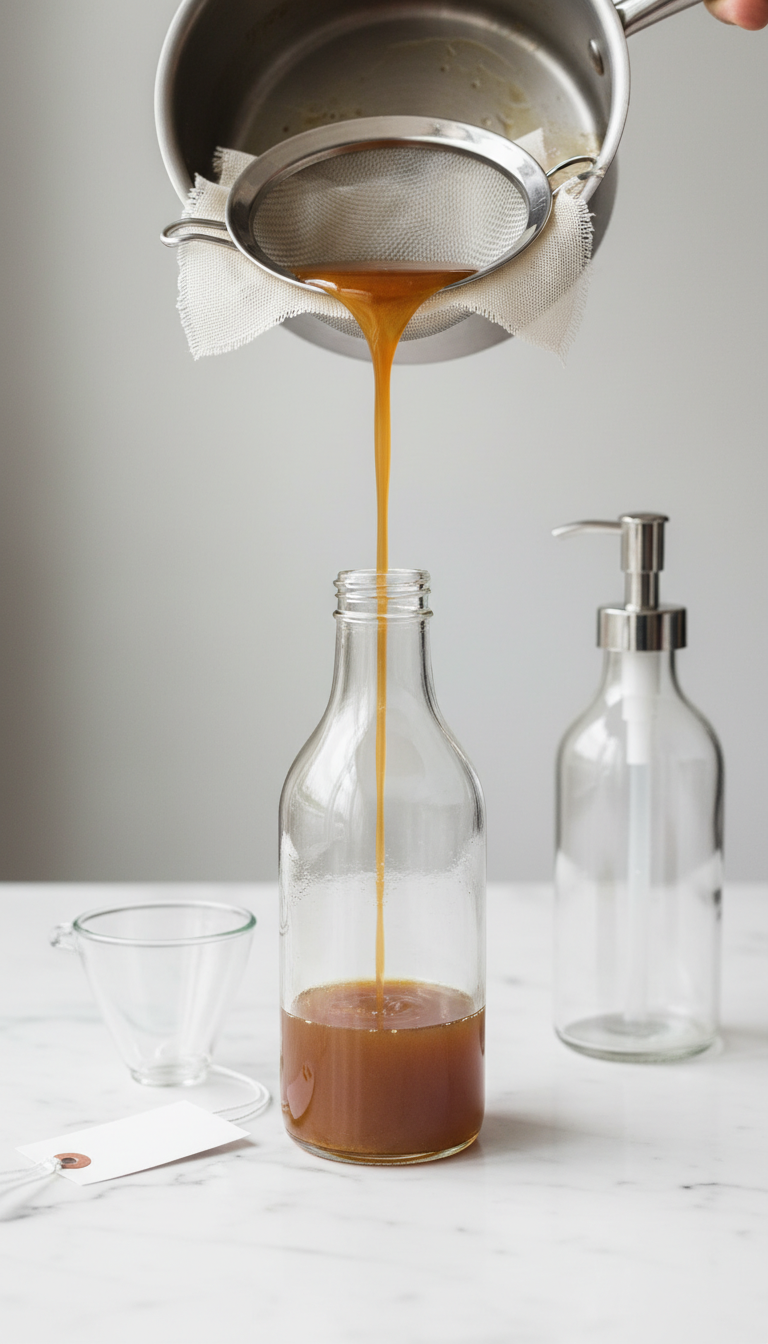 Homemade Toffee Nut Coffee Syrup: Ultimate Starbucks Dupe 5 Golden-brown homemade toffee nut coffee syrup straining through a sieve into a clear glass bottle. Final bottling step.