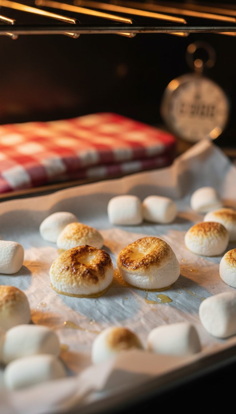 Golden brown mini marshmallows toasting under broiler on parchment paper, visible oven heat, with oven mitt.