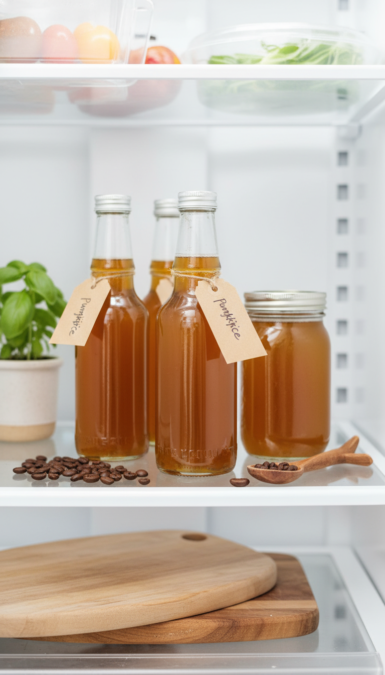 Golden-brown pumpkin spice syrup in glass bottles on a clean refrigerator shelf. Organized storage for homemade fall syrup.