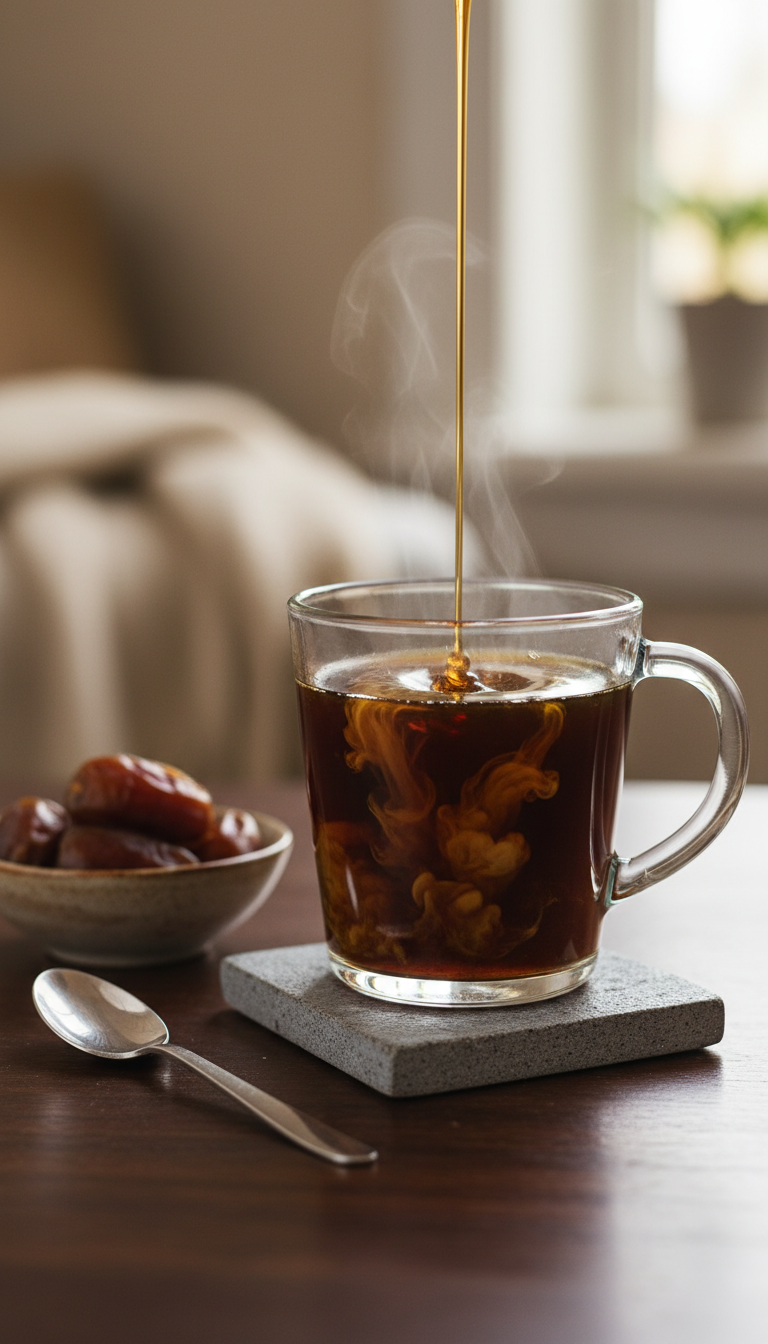 Homemade Date Coffee Syrup: Easy Natural Sweetener 9 Golden date syrup pouring into a glass mug of hot, dark coffee, a natural and healthy sweetener alternative for drinks.