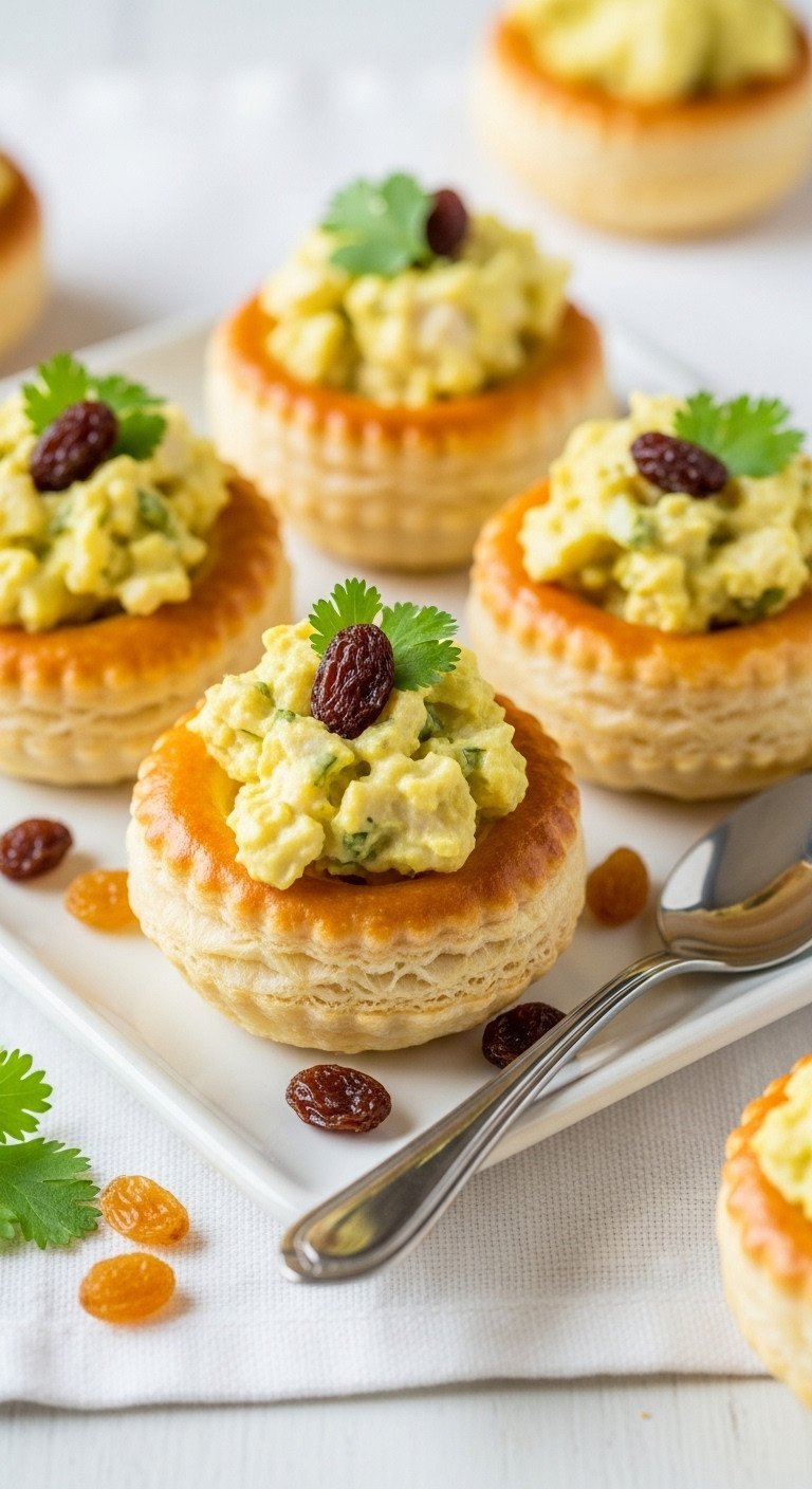 Golden, flaky curried chicken salad puffs, topped with cilantro & raisins on a white plate, perfect gourmet party appetizers.