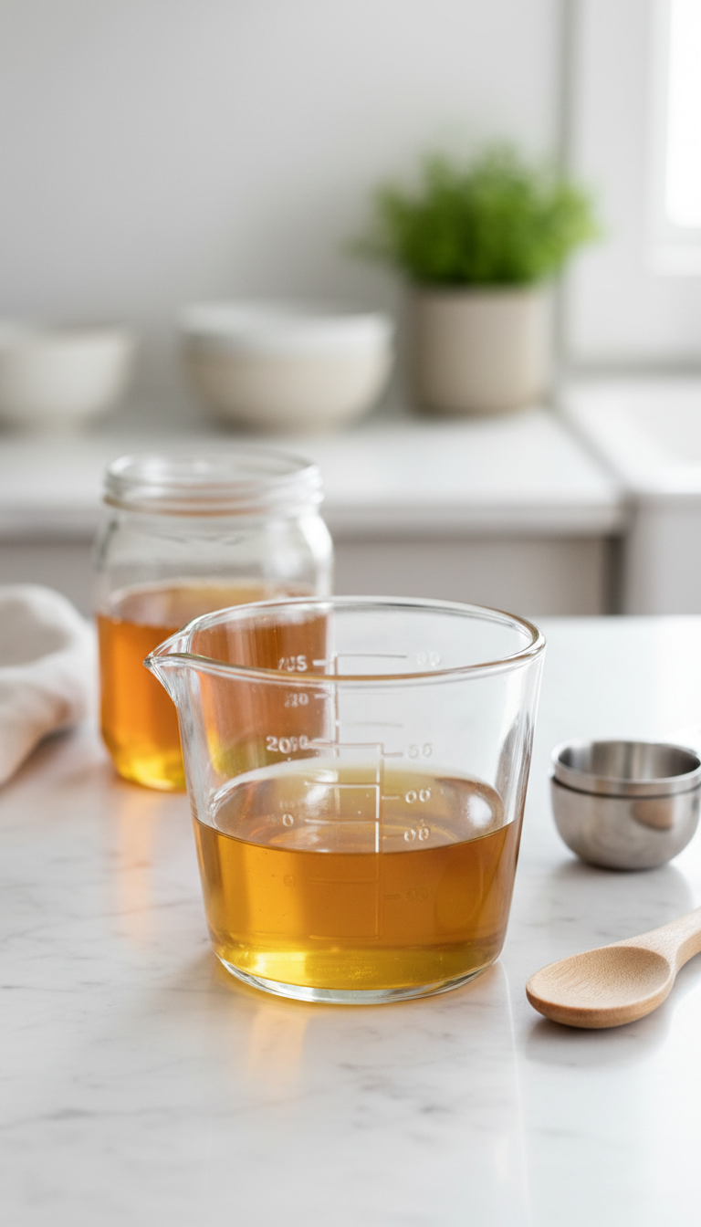 Homemade Honey Coffee Syrup: The Ultimate Easy Recipe 1 Golden honey simple syrup cooling in a glass measuring cup on a clean marble counter with wooden spoon and raw honey jar. Homemade kitchen syrup.