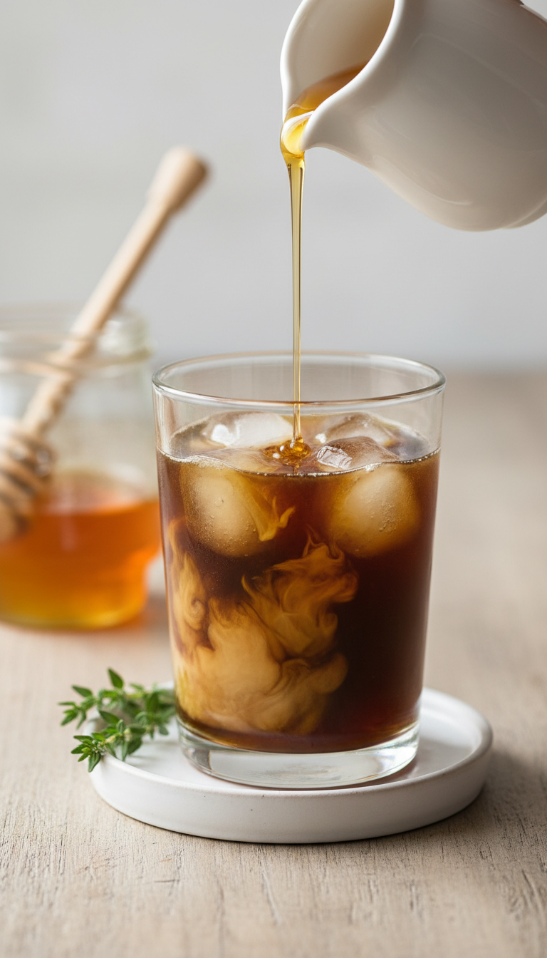 Simple Homemade Coffee Syrup: 7 Essential Recipes 11 Golden honey simple syrup pours into iced cold brew, with raw honey, dipper, thyme on a white coaster.