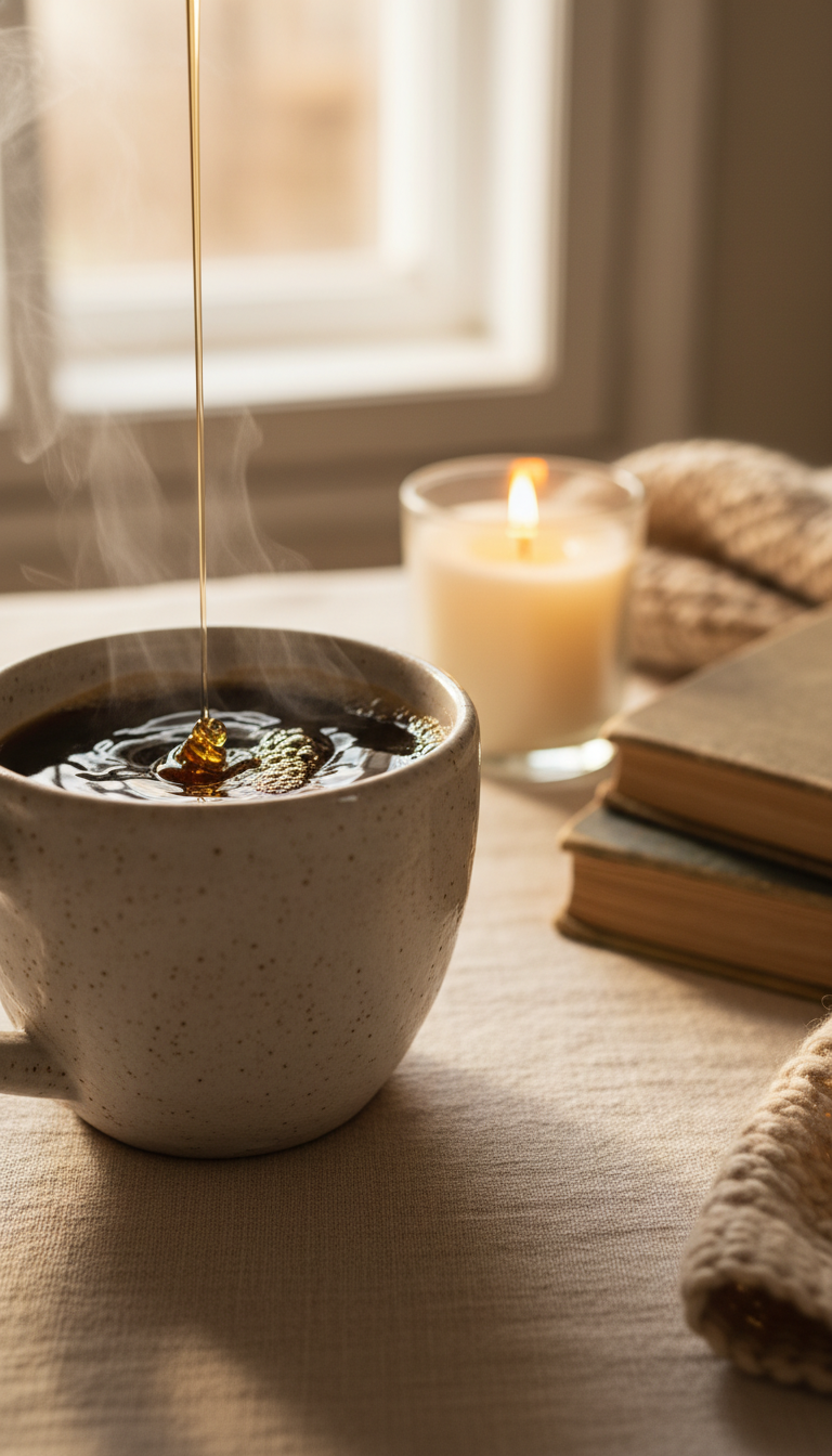 Homemade Honey Coffee Syrup: The Ultimate Easy Recipe 9 Golden honey syrup swirling into hot coffee in a cozy mug on a linen tablecloth with books and a candle. Warm comfort drink.