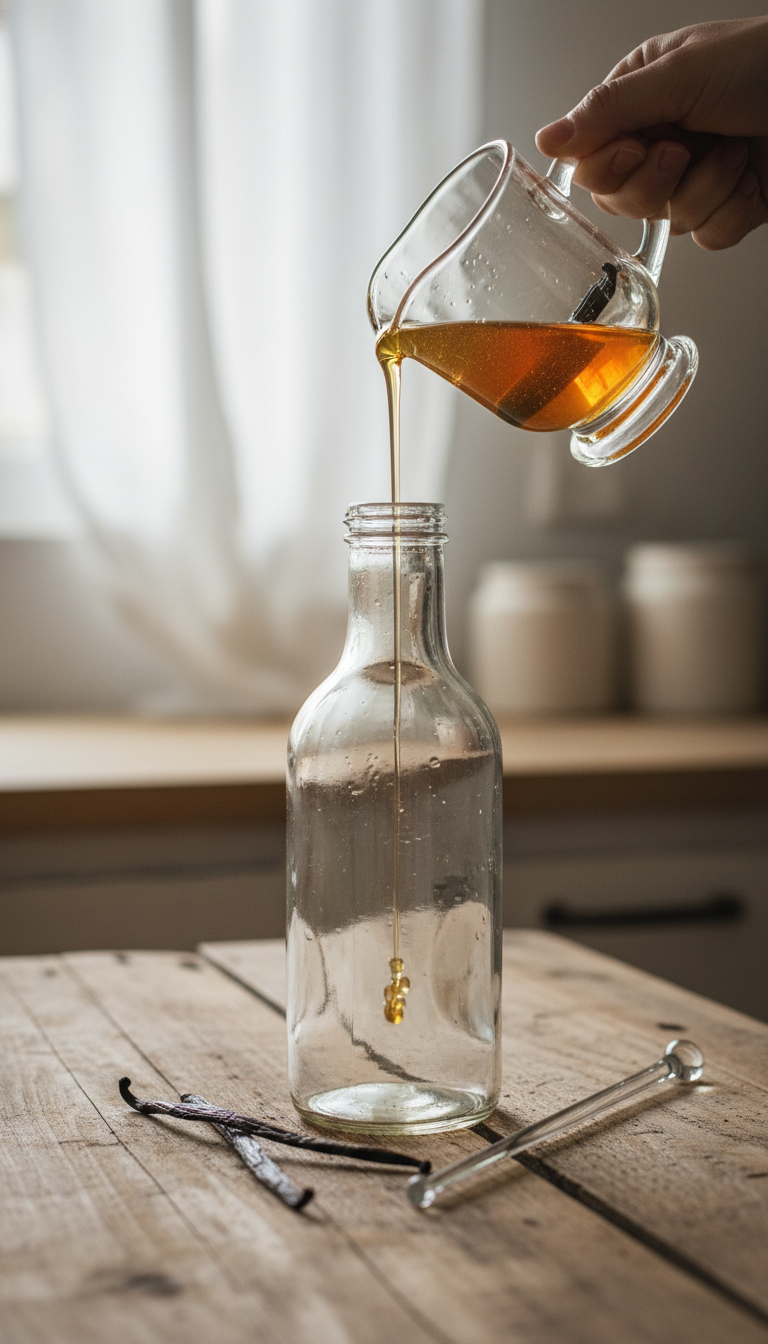 Homemade Honey Coffee Syrup: The Ultimate Easy Recipe 3 Golden honey vanilla syrup pouring from a glass pitcher with vanilla bean into an antique bottle on a rustic wooden table. Homemade.