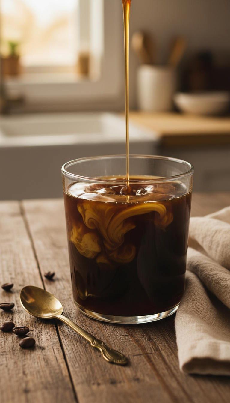 Homemade Sugar Free Coffee Syrup: 5 Easy & Healthy Recipes 2 Golden keto-friendly caramel syrup drizzling into cold brew coffee, creating delicious swirls on a rustic wooden table.