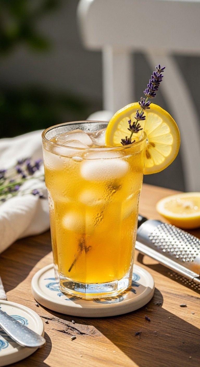 The Ultimate Lavender Iced Tea Guide To Perfect Non Bitter Flavor 7 Golden lemon lavender iced tea with ice, lemon wheel, and lavender sprig in a tall glass on a rustic table. Sunny patio setting.