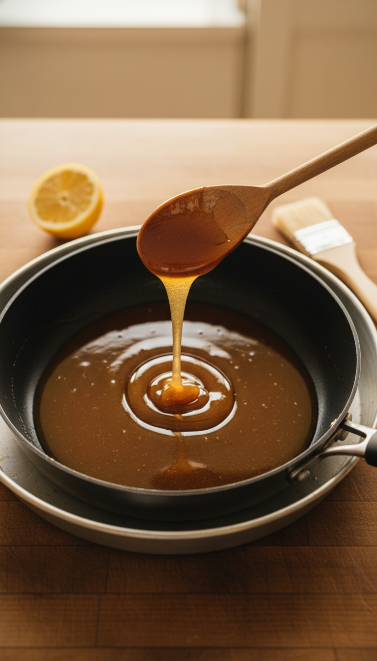 Homemade Caramel Coffee Syrup: Master This Easy Recipe 7 Golden liquid caramel in a nonstick saucepan, with a wooden spoon holding a glossy drip. Perfect caramelization process.