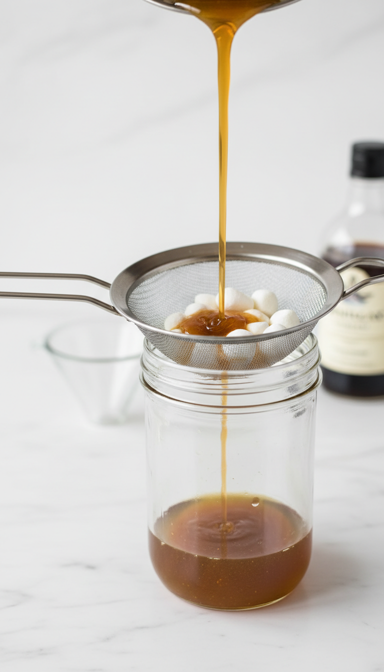 Golden marshmallow syrup pouring through fine-mesh sieve into glass jar on marble counter, with funnel.