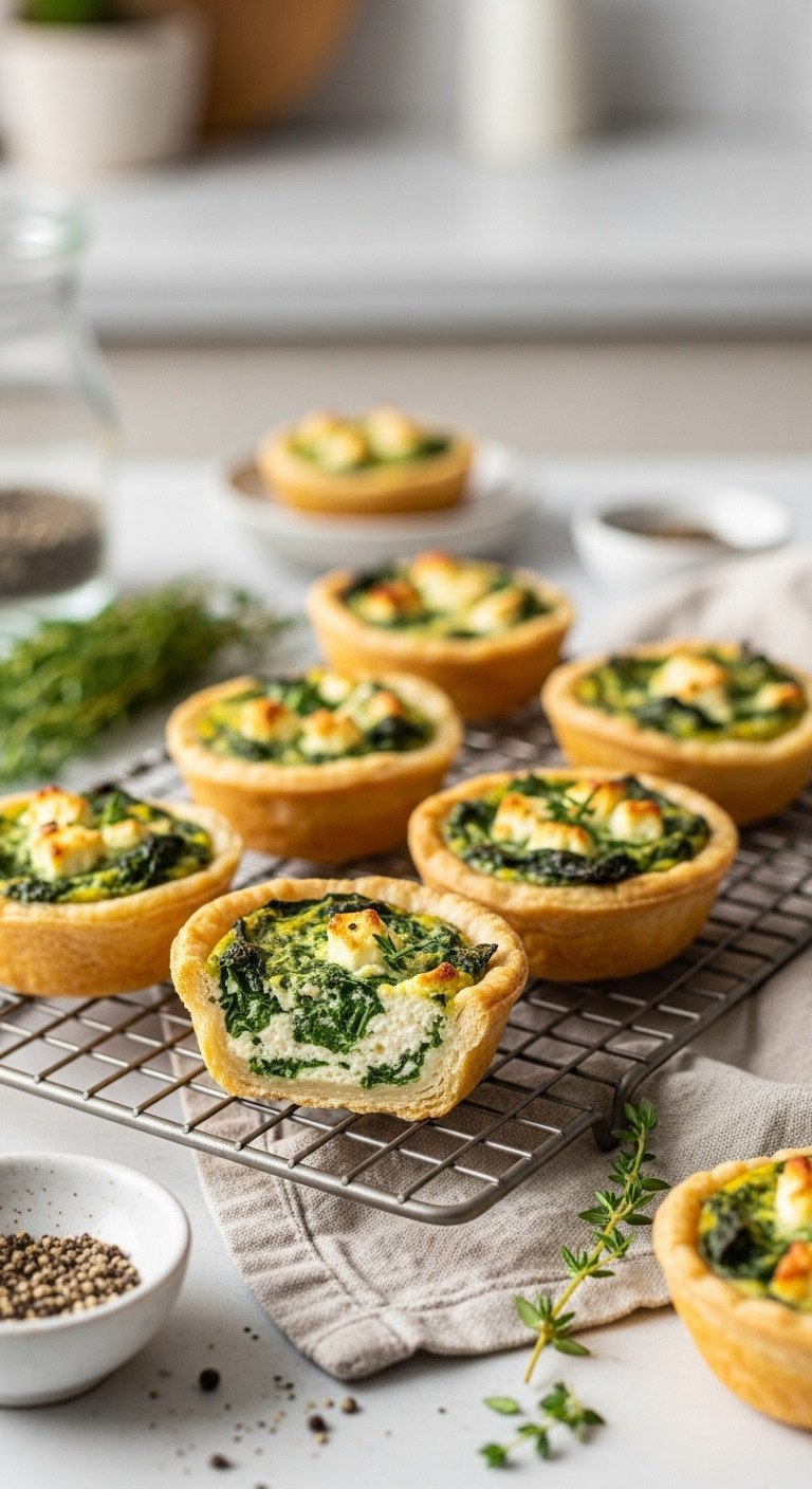 Golden mini quiches with spinach and feta, flaky crusts on a wire rack, ready for serving. Ideal for brunch or elegant appetizers.