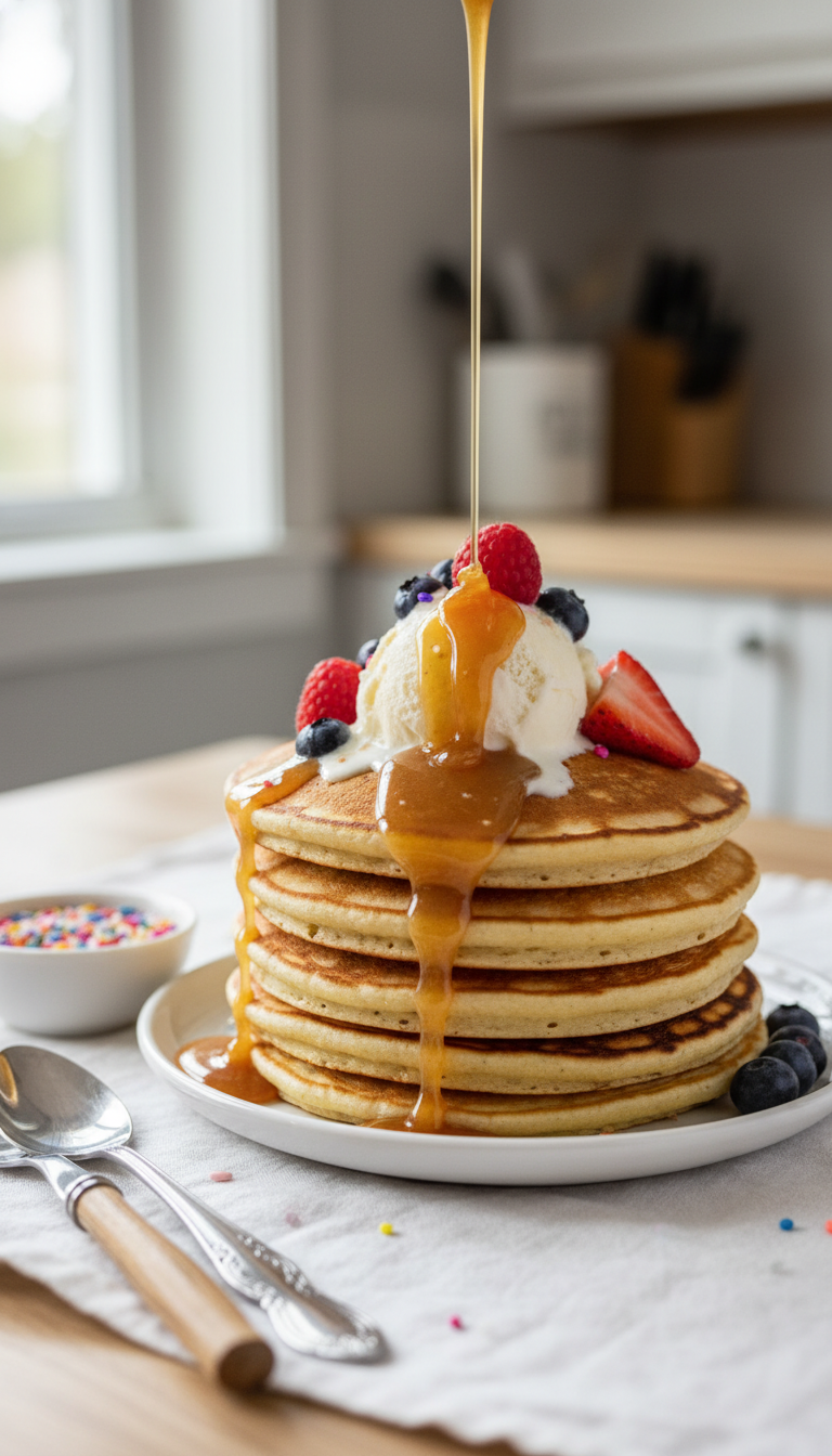 Essential Homemade Cake Batter Coffee Syrup Recipe 13 Golden pancakes drizzled generously with amber cake batter syrup, topped with sprinkles and berries, elegant dessert.