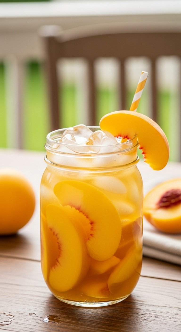 13 Perfect Green Tea Recipes Iced Matcha And No Bitterness 7 Golden peach iced green tea cooler in a mason jar with fresh peach slices and ice on a rustic table, refreshing summer drink.