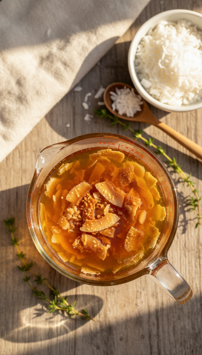 Homemade Coconut Coffee Syrup: Master Barista Flavor 3 Golden simple syrup with toasted coconut flakes steeping in a glass measuring cup on a rustic wooden table.