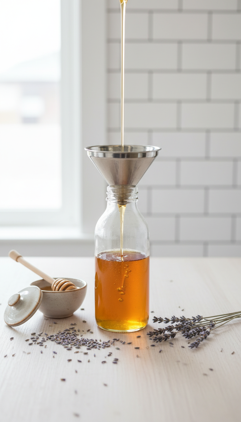 Homemade Lavender Coffee Syrup: Fresh & Dried Guide 5 Golden sugar-free lavender syrup pouring through a funnel into a glass bottle on a pale wooden table with dried lavender.
