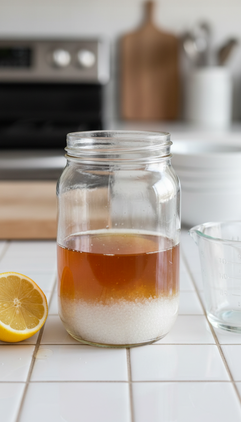 Golden syrup in clear glass jar with white sugar crystals at bottom, highlighting syrup crystallization issue.
