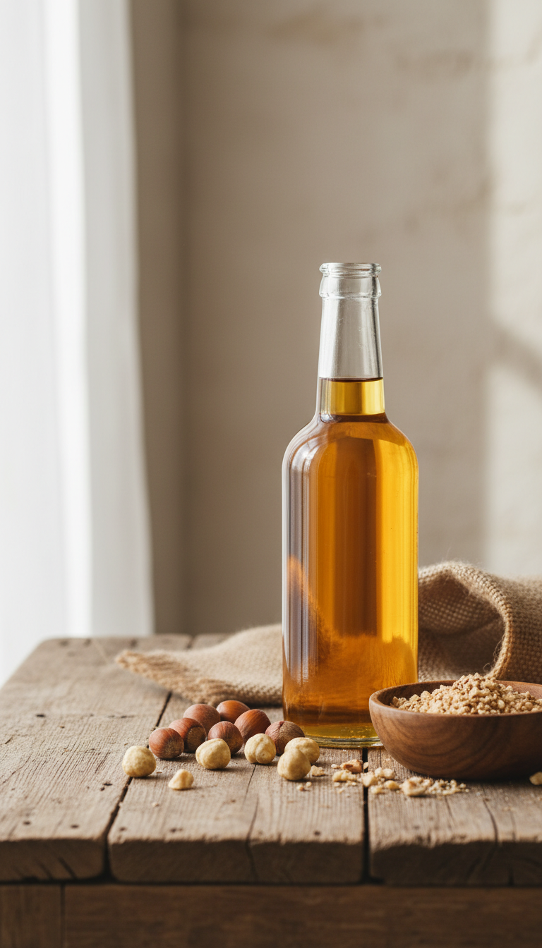 Golden toasted hazelnut keto syrup bottle with scattered hazelnuts, emphasizing natural sweetener. Rustic wooden table.
