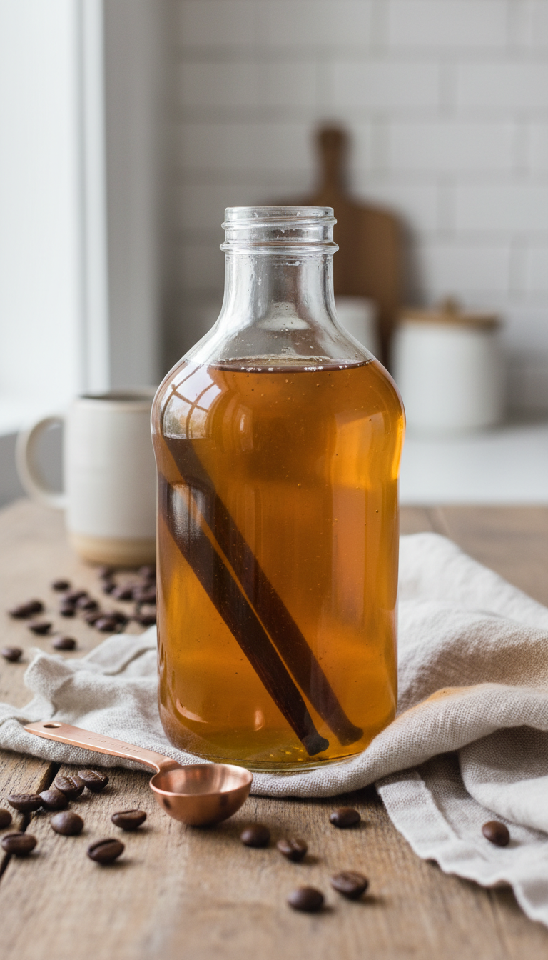 Homemade Coffee Syrup Gifts Easy Recipes & Ideas 1 Golden vanilla bean coffee syrup in a clear bottle, showcasing whole vanilla pods on a rustic table with coffee beans.