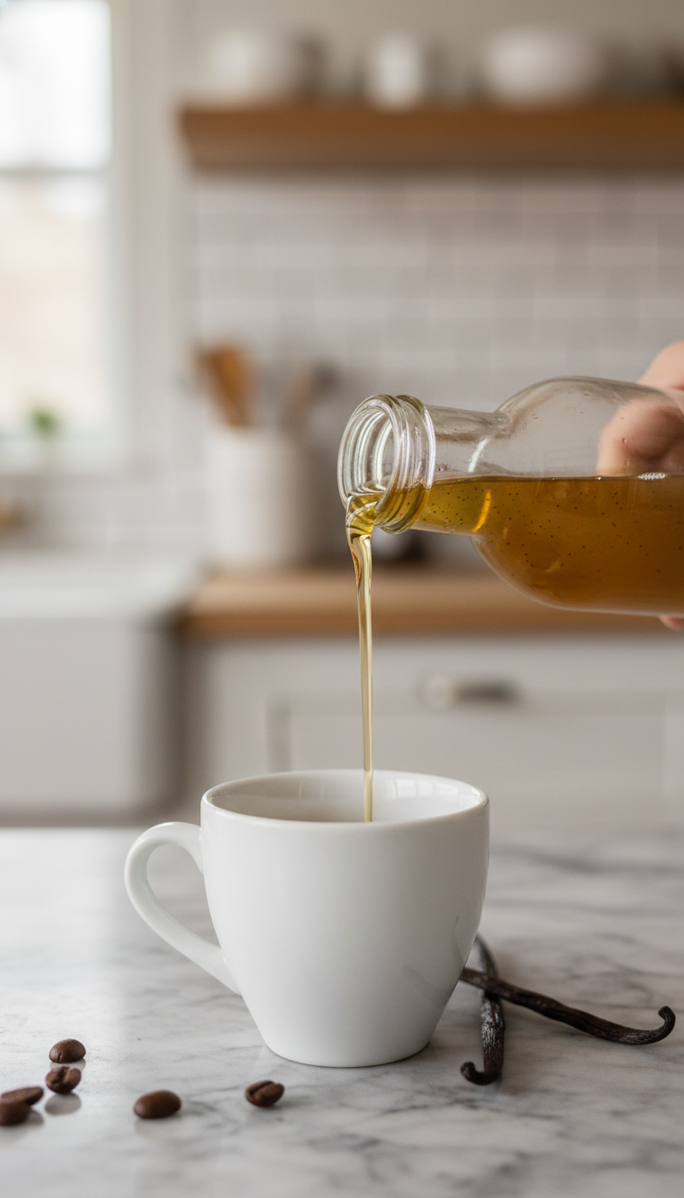 Simple Homemade Coffee Syrup: 7 Essential Recipes 1 Golden vanilla bean simple syrup pours from a bottle into a coffee cup on marble, with vanilla pods and coffee beans.