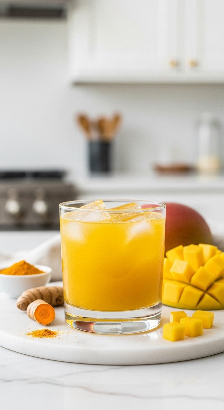 Lotus Energy Drinks 11 Expert Recipes To Master Clean Energy 7 Golden-yellow Gold Lotus energy drink with mango & turmeric in lowball glass, ice, on white marble with mango, kitchen.