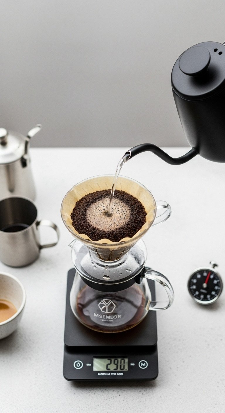 Gooseneck kettle pouring hot water over saturated coffee grounds in a V60. Precise pour-over brewing on light stone.