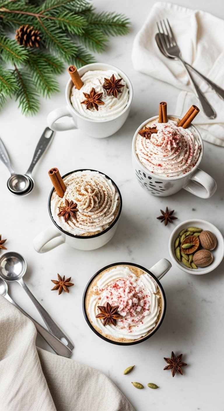 Gourmet Christmas coffee drinks flat lay on marble, garnished with cinnamon, star anise, and whipped cream, festive holiday menu.