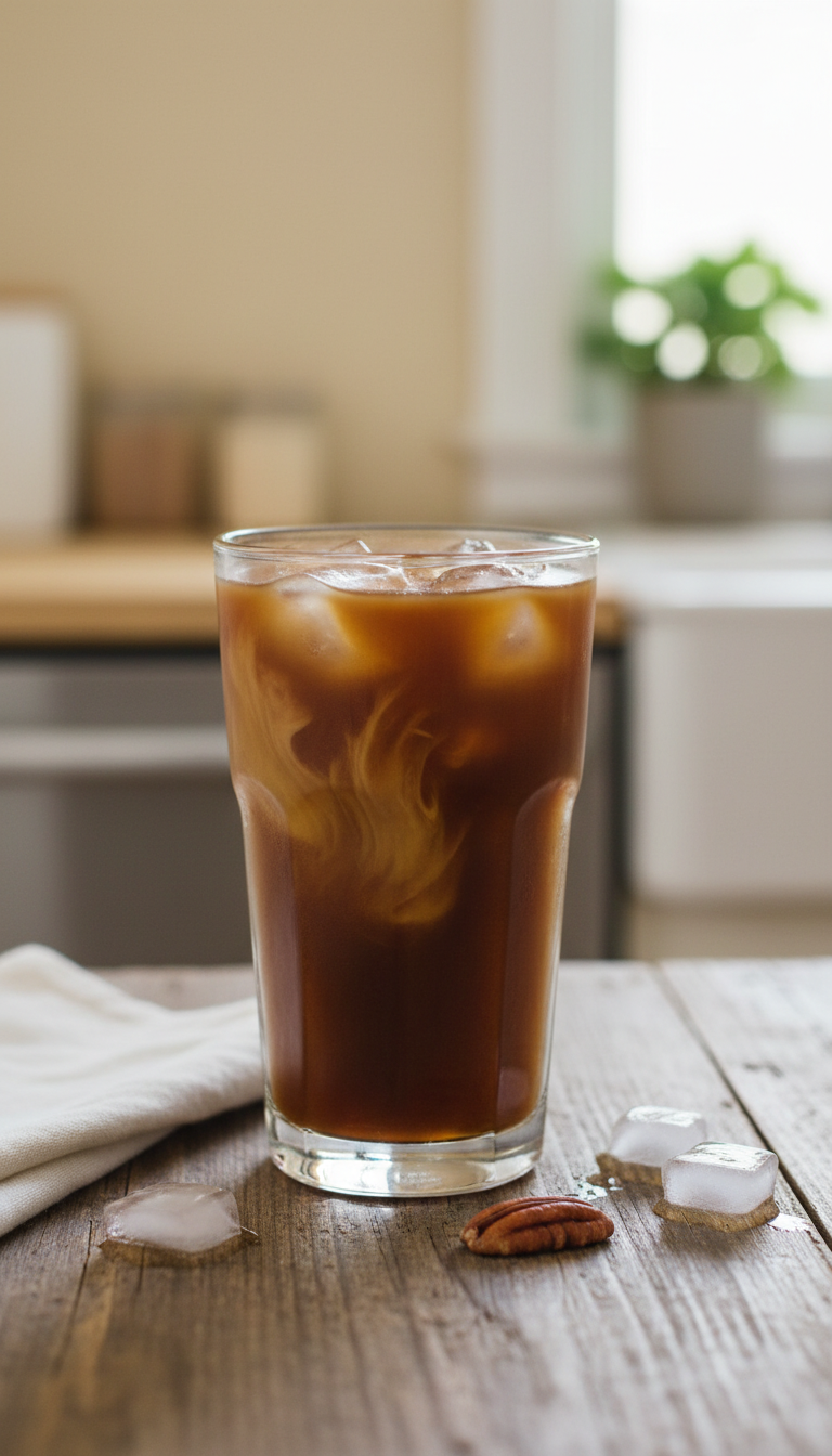 Gourmet Cold Brew iced coffee with subtle butter pecan swirl, roasted pecan, and ice cubes on a rustic wooden table.