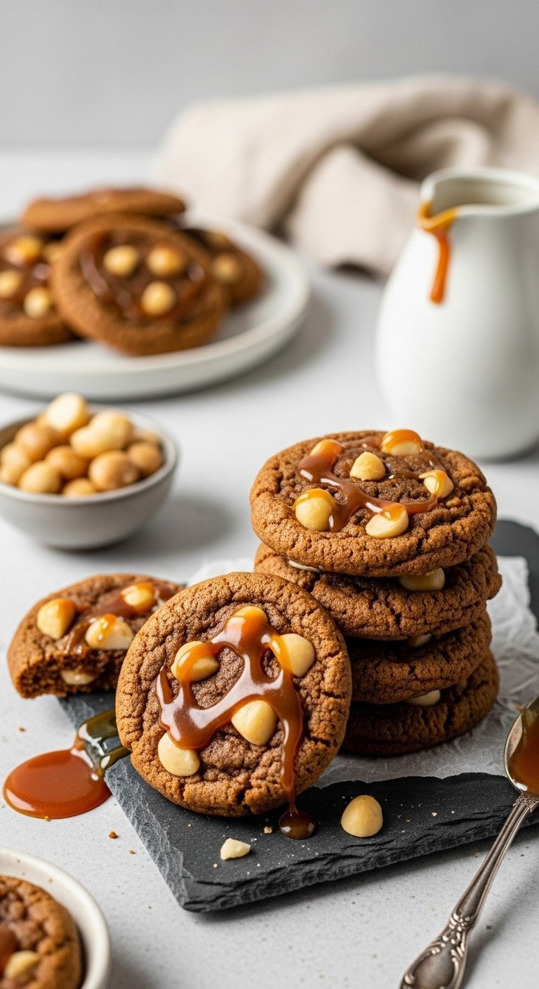 Gourmet chewy macadamia caramel coffee cookies, stacked on a slate board, visible nuts and caramel drizzle, warm lighting.