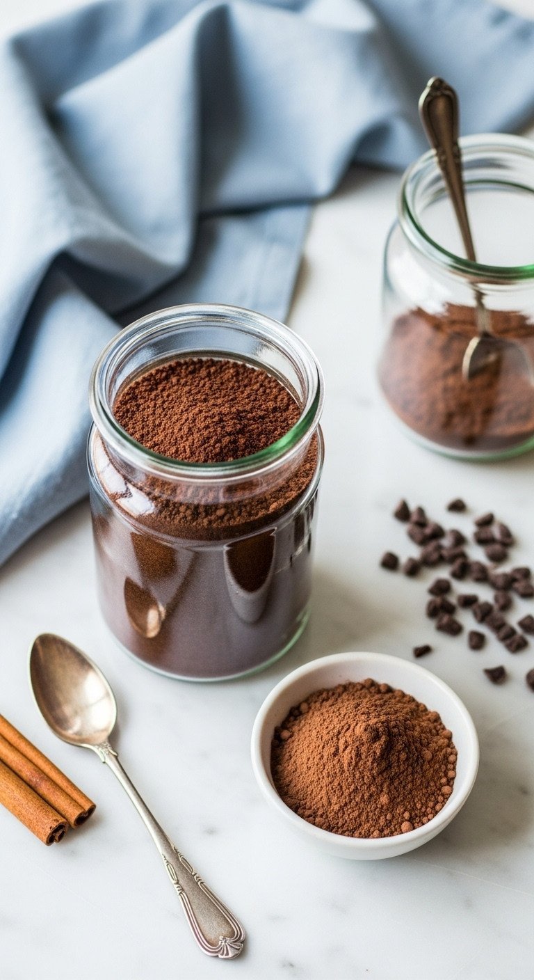 11 Genius Christmas Coffee Hot Chocolate Bar Ideas 7 Gourmet dark hot chocolate mix, cocoa powder, and chocolate shavings in jars on a marble counter with vintage spoon.