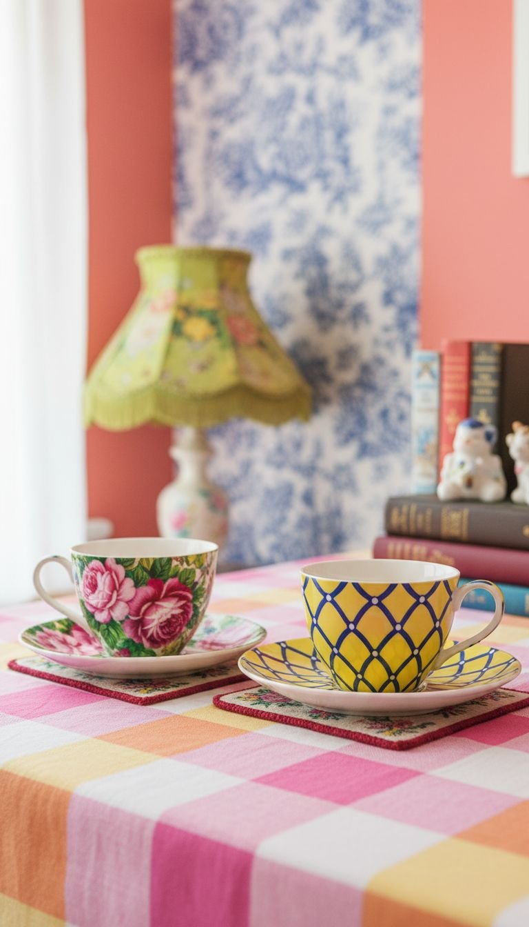 11 Tea Cup Aesthetic Styles The Ultimate Visual Guide 15 Grandmillennial maximalist teacups, clashing chintz floral & geometric patterns, lampshade, needlepoint coasters. Vibrant, eclectic teaware.
