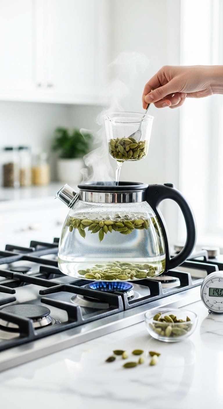 Cardamom Tea Ultimate Recipe Guide 7 Proven Benefits and Flavor Secrets 13 Green cardamom pods simmer in a glass kettle on a modern white marble stovetop, perfect for detox tea.