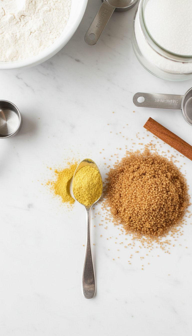 Ground ginger powder measured into a silver spoon with brown sugar, showing baking ingredients on a clean surface.