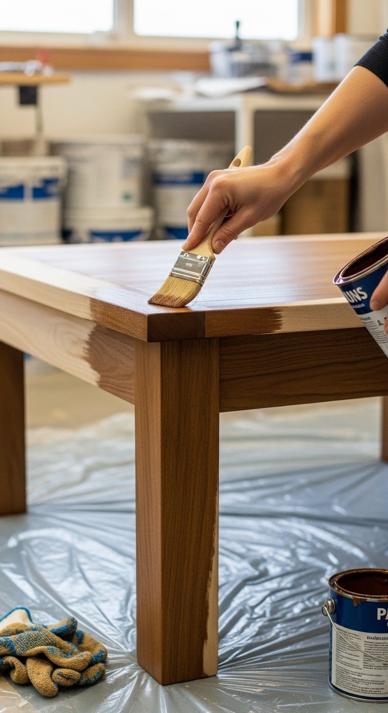 Hand applying rich walnut wood stain to a freshly sanded coffee table top with a foam brush. Enhancing wood grain.