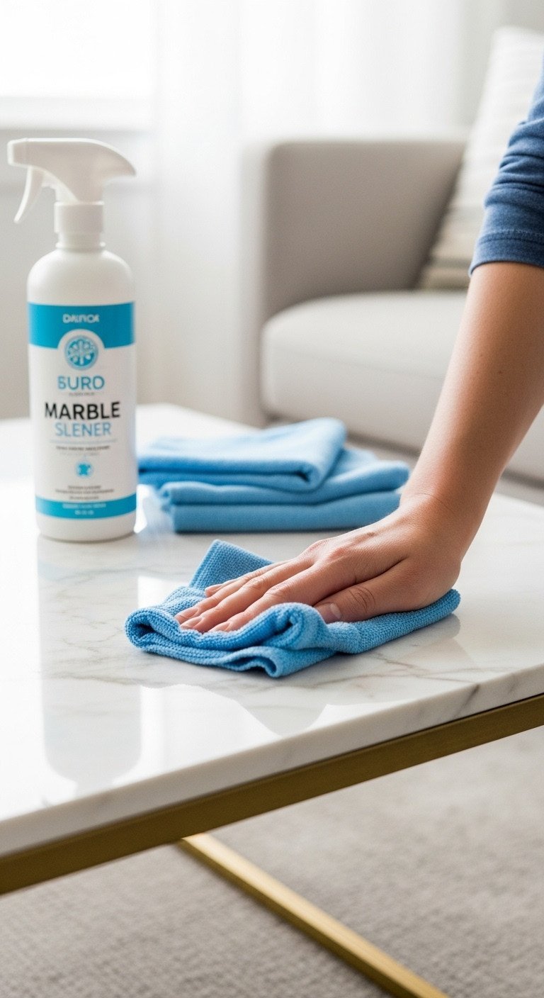 Hand applying sealant to a white marble coffee table, showcasing smooth texture and professional stone care for home maintenance.