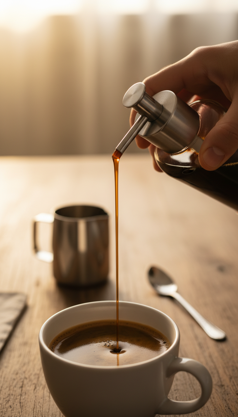 Hand dispensing dark coffee syrup from a glass pump bottle into an espresso mug, with frother on a rustic wooden table.