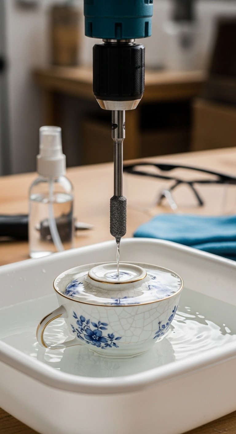 11 Tea Cup Upcycle Ideas Master China Drilling and Permanent Bonds 1 Hand drill with diamond bit precisely drilling a vintage teacup in water, showcasing DIY china crafting with safety and precision.