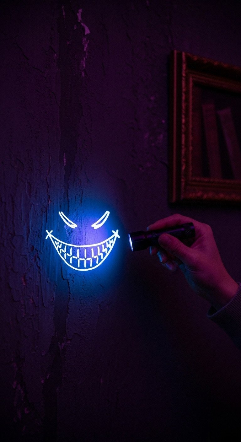 Brilliant Mad Hatter Tea Party Ideas For A Whimsical Event 13 Hand holding a UV flashlight reveals a hidden, glowing grin written in invisible ink on a dark wall for a party game.