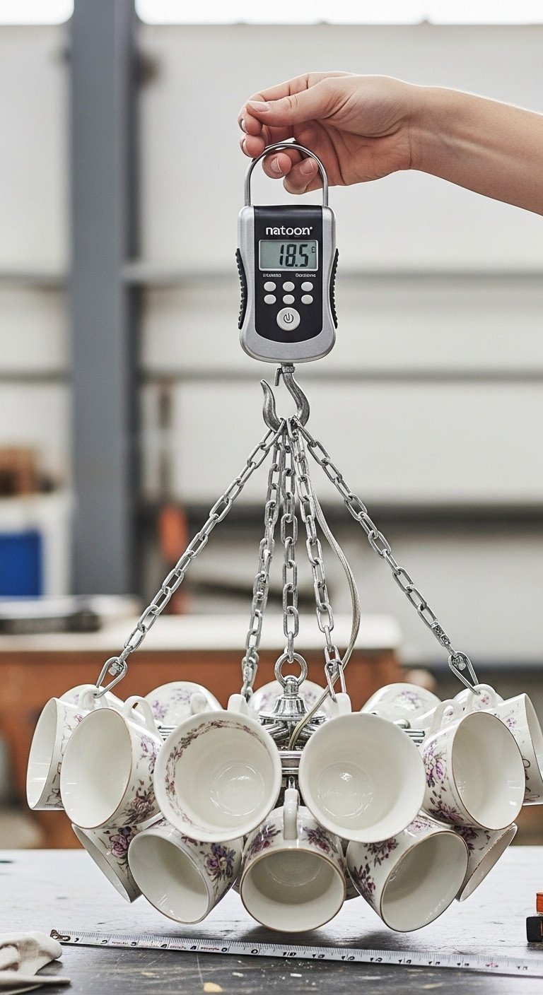 Teacup Chandelier DIY Secrets Wiring Safety And Porcelain Drilling 11 Hand holding digital scale measuring heavy teacup chandelier weight, demonstrating structural support needs for safe installation.